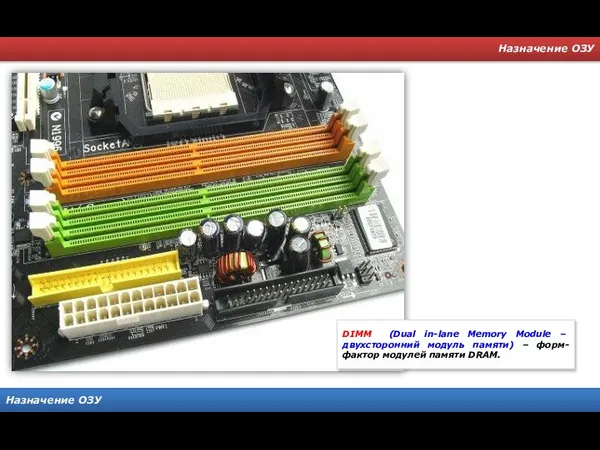 Назначение ОЗУ Назначение ОЗУ DIMM (Dual in-lane Memory Module – двухсторонний