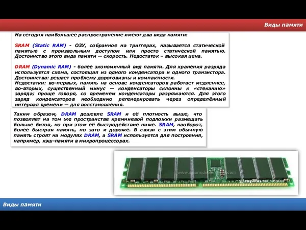 Виды памяти Виды памяти На сегодня наибольшее распространение имеют два вида