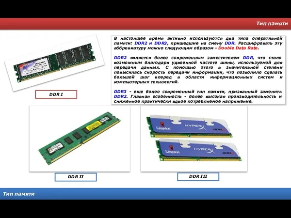 Тип памяти Тип памяти В настоящее время активно используются два типа