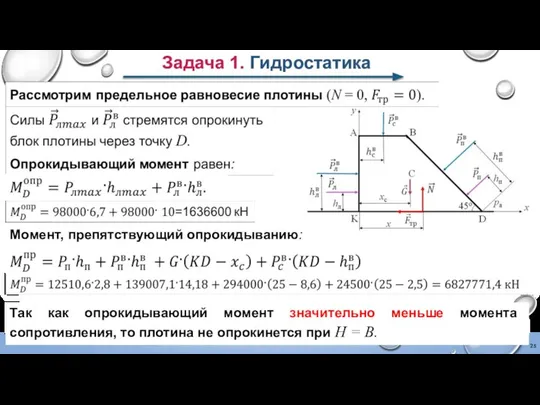 Задача 1. Гидростатика Момент, препятствующий опрокидыванию: Так как опрокидывающий момент значительно