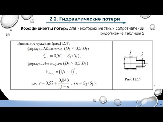 2.2. Гидравлические потери Коэффициенты потерь для некоторых местных сопротивлений Продолжение таблицы 2.