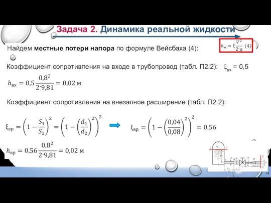 Задача 2. Динамика реальной жидкости Найдем местные потери напора по формуле