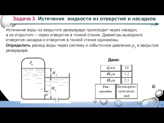 Задача 3. Истечение жидкости из отверстий и насадков Истечение воды из