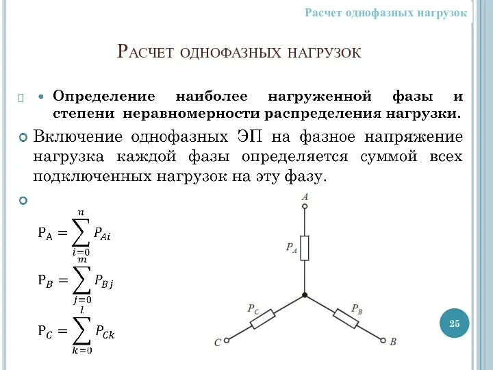 Расчет однофазных нагрузок Расчет однофазных нагрузок