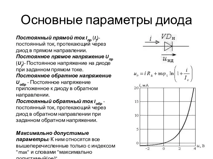 Основные параметры диода Постоянный прямой ток Iпр (If)- постоянный ток, протекающий