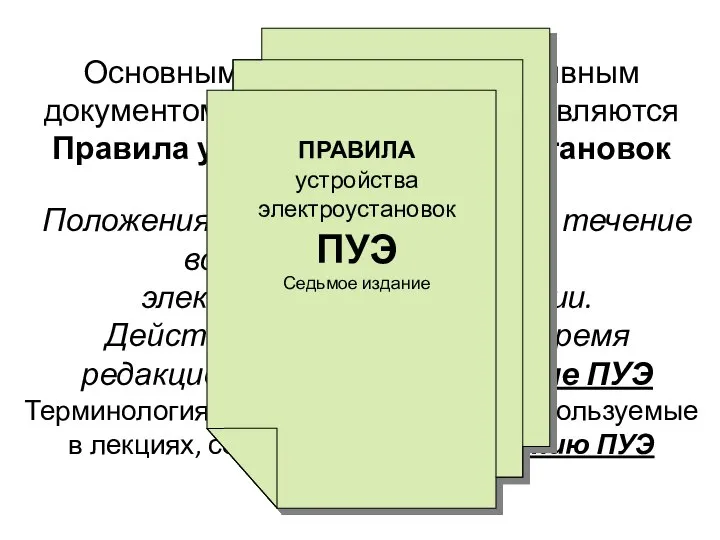 Основным отраслевым нормативным документом в электроэнергетике являются Правила устройства электроустановок (ПУЭ)