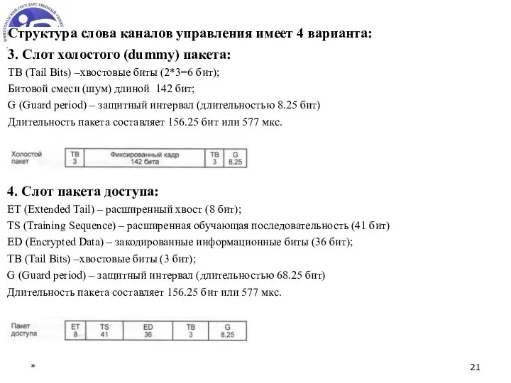 * Структура слова каналов управления имеет 4 варианта: 3. Слот холостого