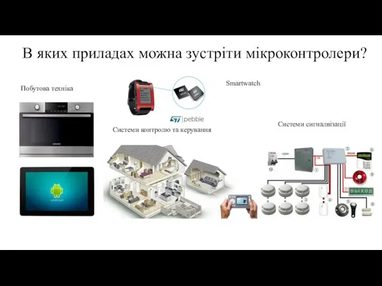 В яких приладах можна зустріти мікроконтролери? Побутова техніка Системи контролю та керування Системи сигналвізації Smartwatch