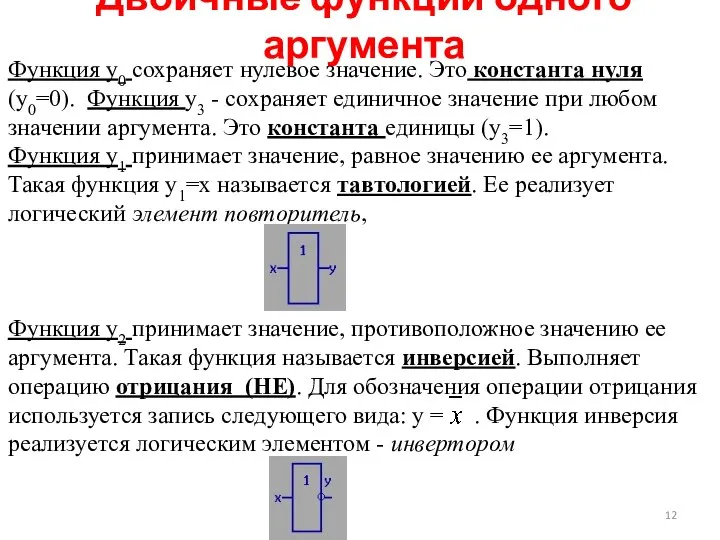 Двоичные функции одного аргумента Функция y0 сохраняет нулевое значение. Это константа