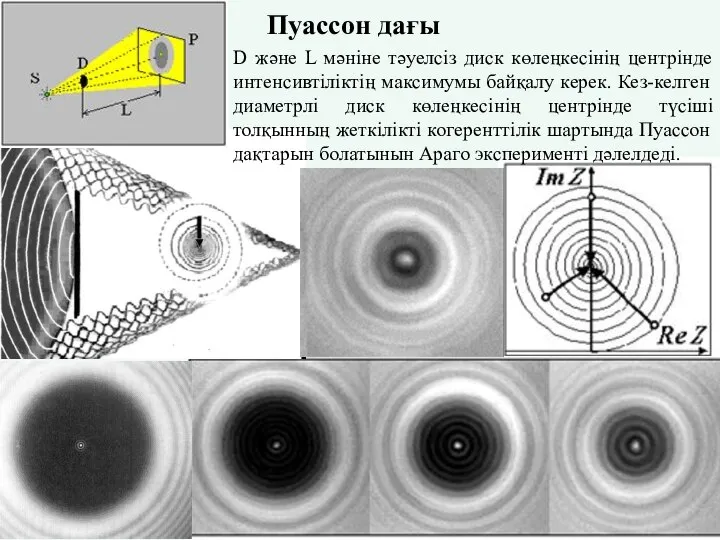 Пуассон дағы D және L мәніне тәуелсіз диск көлеңкесінің центрінде интенсивтіліктің