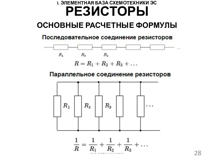 I. ЭЛЕМЕНТНАЯ БАЗА СХЕМОТЕХНИКИ ЭС ОСНОВНЫЕ РАСЧЕТНЫЕ ФОРМУЛЫ © КРИВИН Н.Н. 2017 РЕЗИСТОРЫ