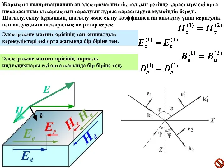 Е Н Жарықтың электромагниттік табиғатына шекаралық шарттар k Жарықты поляризацияланған электромагниттік