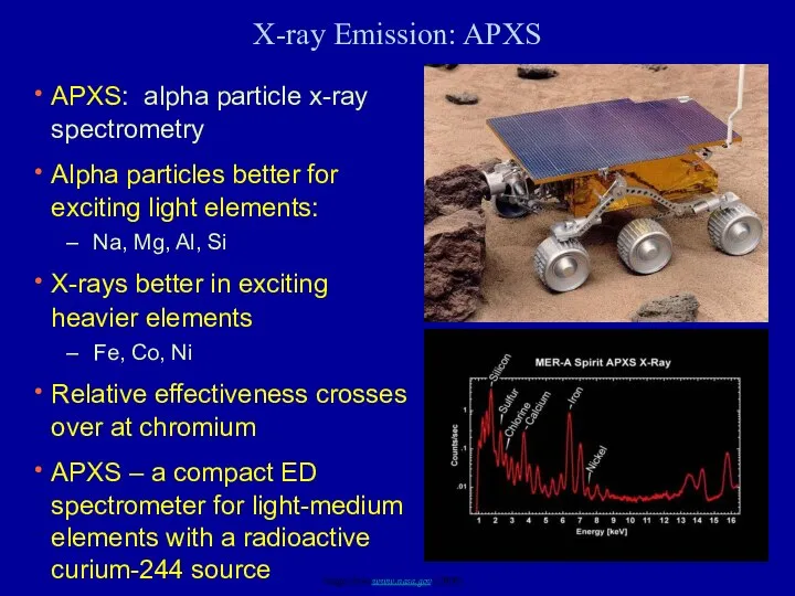 X-ray Emission: APXS APXS: alpha particle x-ray spectrometry Alpha particles better