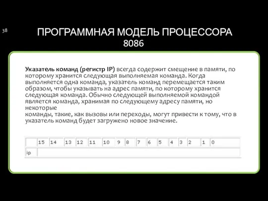 ПРОГРАММНАЯ МОДЕЛЬ ПРОЦЕССОРА 8086 Указатель команд (регистр IP) всегда содержит смещение