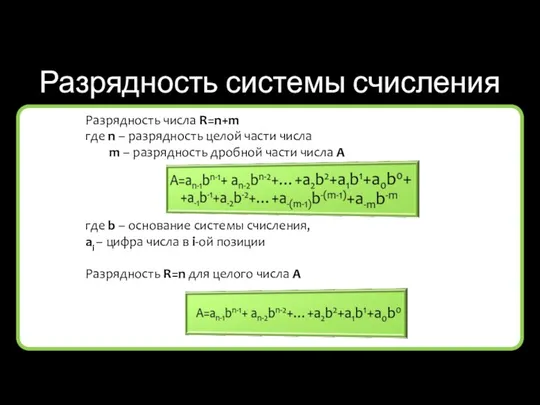 Разрядность системы счисления Разрядность числа R=n+m где n – разрядность целой