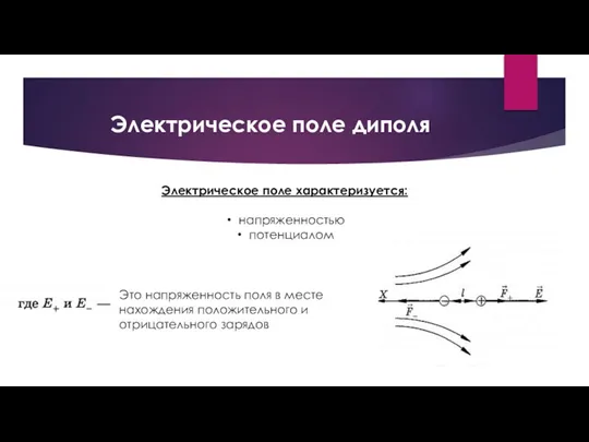 Электрическое поле диполя Электрическое поле характеризуется: напряженностью потенциалом Это напряженность поля