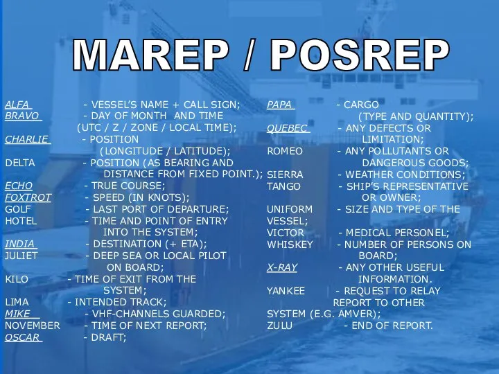 s MAREP / POSREP ALFA - VESSEL’S NAME + CALL SIGN;