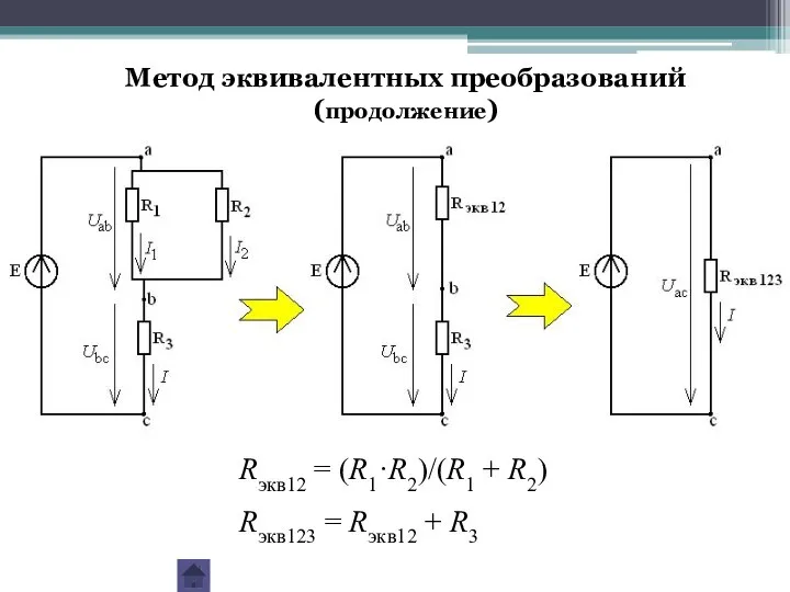 Rэкв12 = (R1·R2)/(R1 + R2) Rэкв123 = Rэкв12 + R3 Метод эквивалентных преобразований (продолжение)