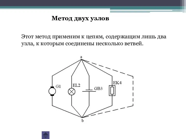 Метод двух узлов Этот метод применим к цепям, содержащим лишь два