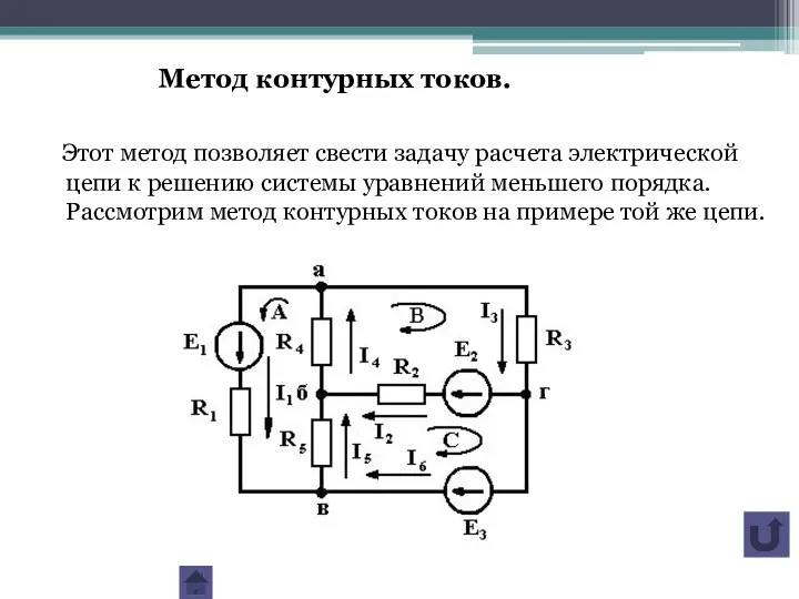 Метод контурных токов. Этот метод позволяет свести задачу расчета электрической цепи