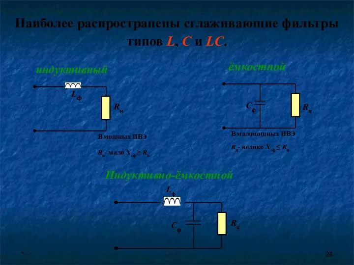 * Rн Наиболее распространены сглаживающие фильтры типов L, C и LC.