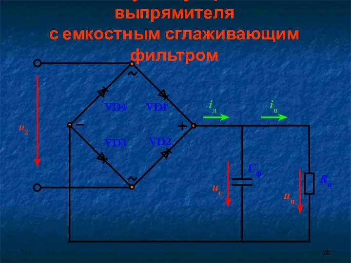 * Схема двухполупериодного выпрямителя с емкостным сглаживающим фильтром