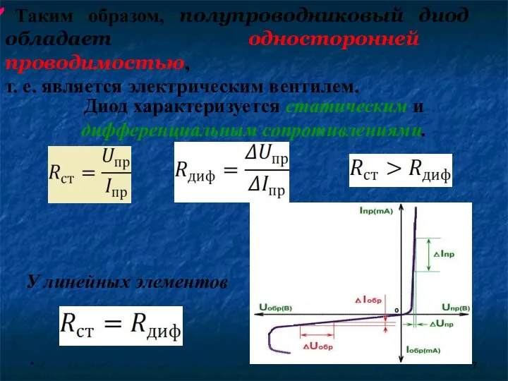 * Таким образом, полупроводниковый диод обладает односторонней проводимостью, т. е. является