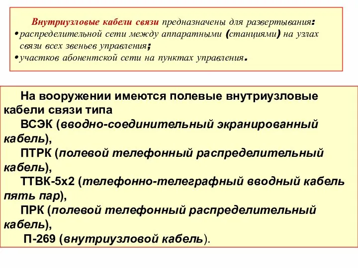 Внутриузловые кабели связи предназначены для развертывания: распределительной сети между аппаратными (станциями)