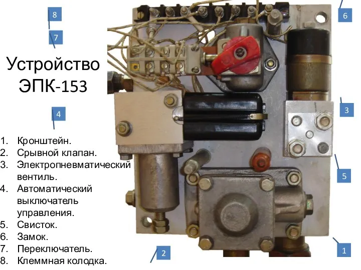 Устройство ЭПК-153 Кронштейн. Срывной клапан. Электропневматический вентиль. Автоматический выключатель управления. Свисток.