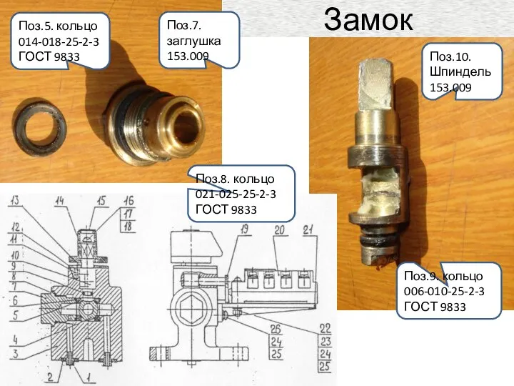 Замок Поз.7. заглушка 153.009 Поз.5. кольцо 014-018-25-2-3 ГОСТ 9833 Поз.10. Шпиндель