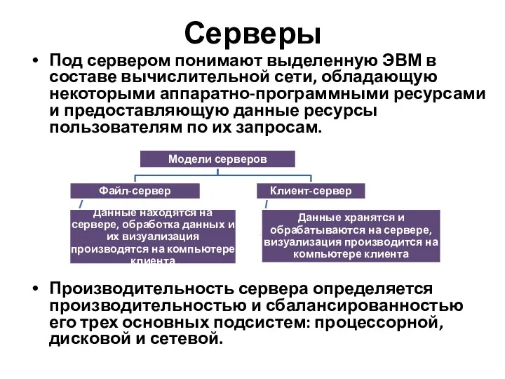 Серверы Под сервером понимают выделенную ЭВМ в составе вычислительной сети, обладающую