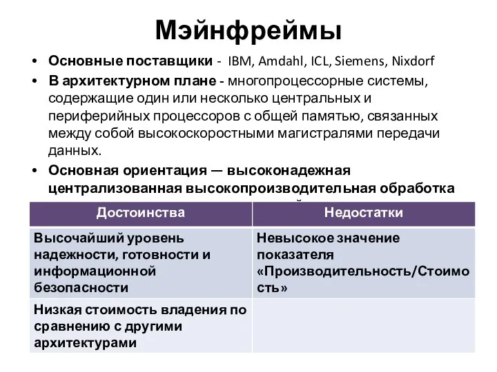 Мэйнфреймы Основные поставщики - IBM, Amdahl, ICL, Siemens, Nixdorf В архитектурном