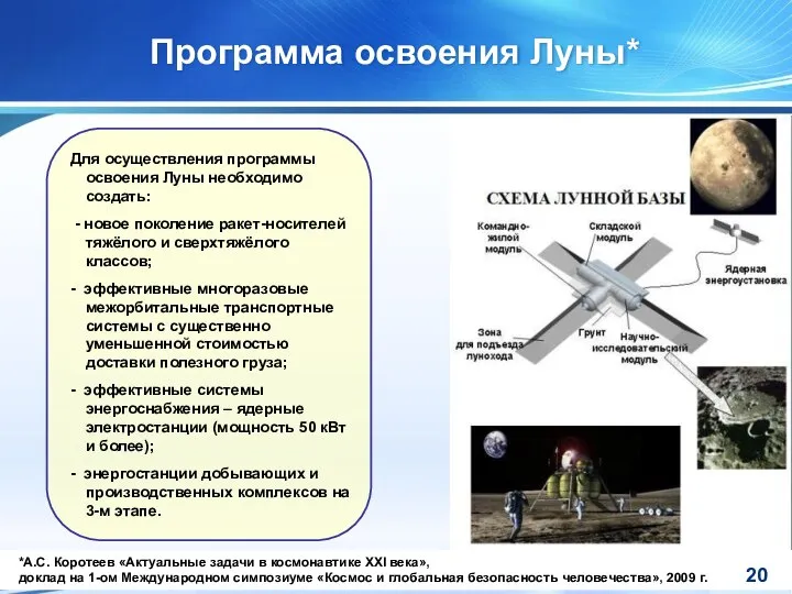 Программа освоения Луны* Для осуществления программы освоения Луны необходимо создать: -