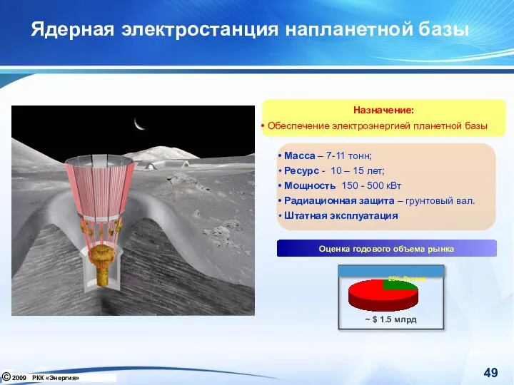 Ядерная электростанция напланетной базы Назначение: Обеспечение электроэнергией планетной базы Масса –