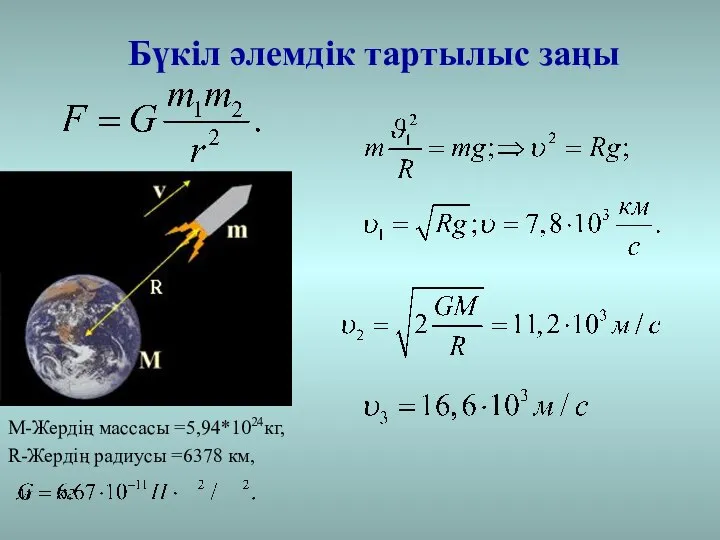 Бүкіл әлемдік тартылыс заңы М-Жердің массасы =5,94*1024кг, R-Жердің радиусы =6378 км,