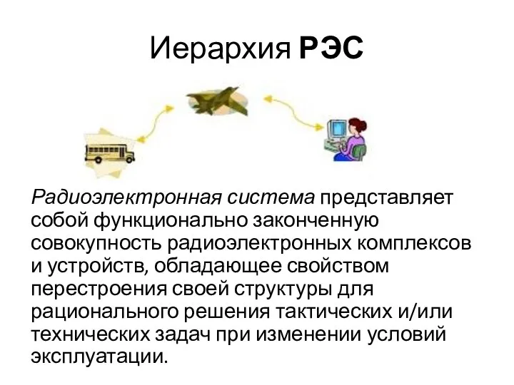 Иерархия РЭС Радиоэлектронная система представляет собой функционально законченную совокупность радиоэлектронных комплексов