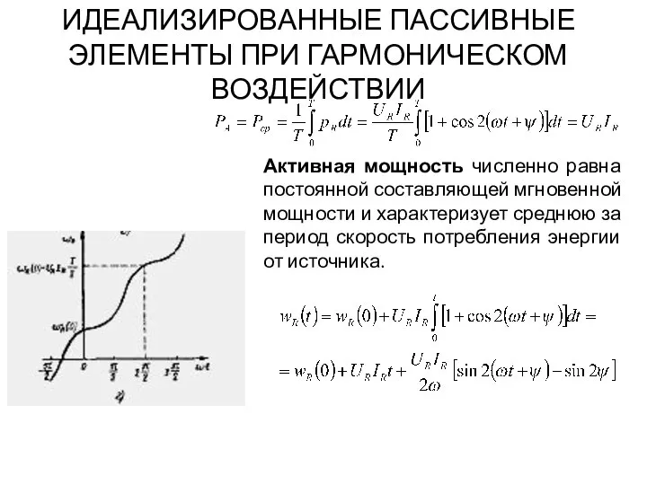 ИДЕАЛИЗИРОВАННЫЕ ПАССИВНЫЕ ЭЛЕМЕНТЫ ПРИ ГАРМОНИЧЕСКОМ ВОЗДЕЙСТВИИ Активная мощность численно равна постоянной
