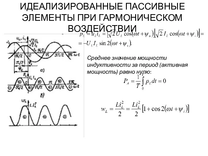 ИДЕАЛИЗИРОВАННЫЕ ПАССИВНЫЕ ЭЛЕМЕНТЫ ПРИ ГАРМОНИЧЕСКОМ ВОЗДЕЙСТВИИ Среднее значение мощности индуктивности за период (активная мощность) равно нулю: