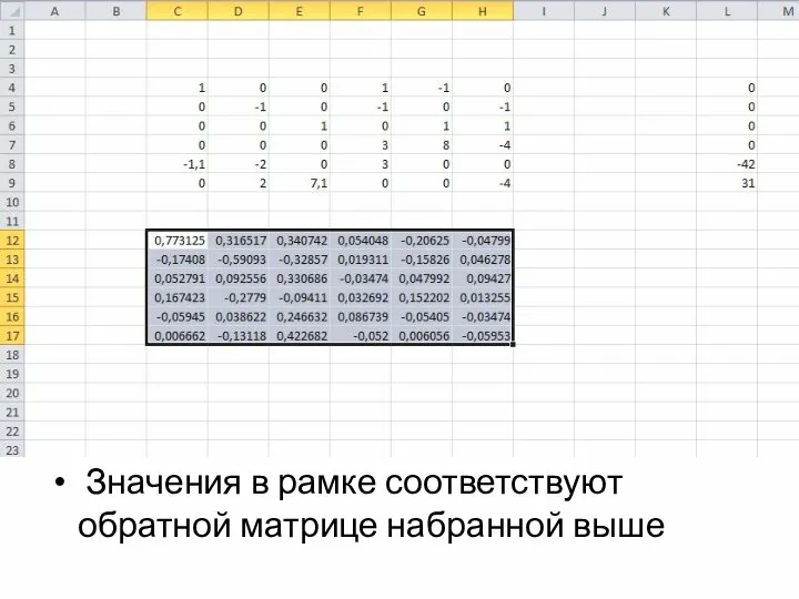 Значения в рамке соответствуют обратной матрице набранной выше