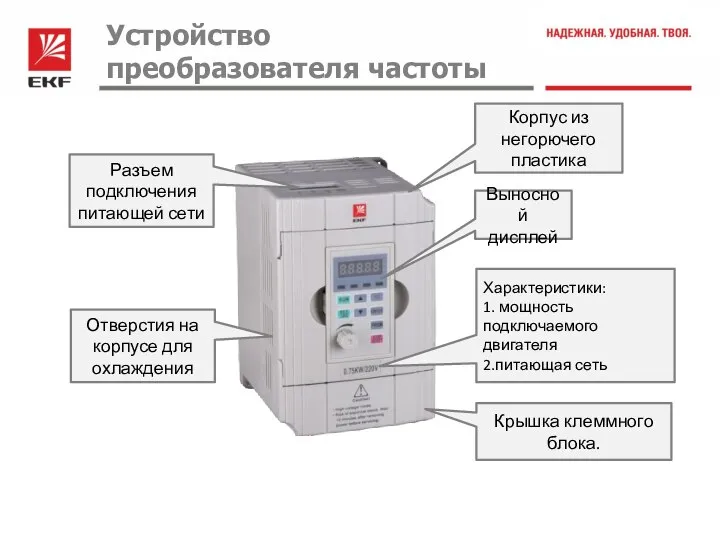 Устройство преобразователя частоты Корпус из негорючего пластика Выносной дисплей Характеристики: 1.