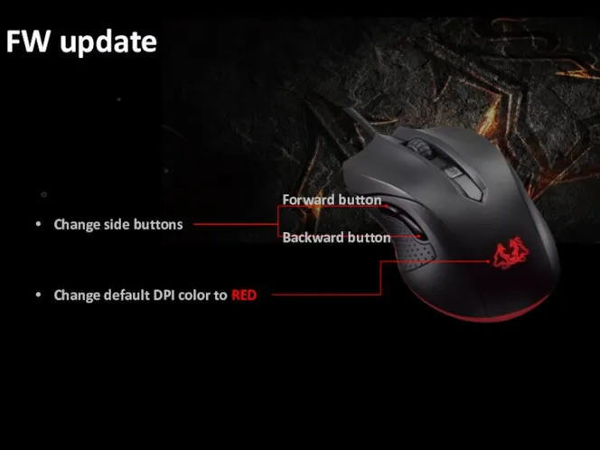 FW update Forward button Backward button Change default DPI color to RED Change side buttons