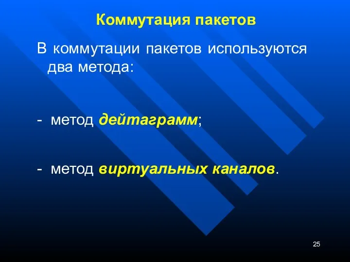 Коммутация пакетов В коммутации пакетов используются два метода: - метод дейтаграмм; - метод виртуальных каналов.