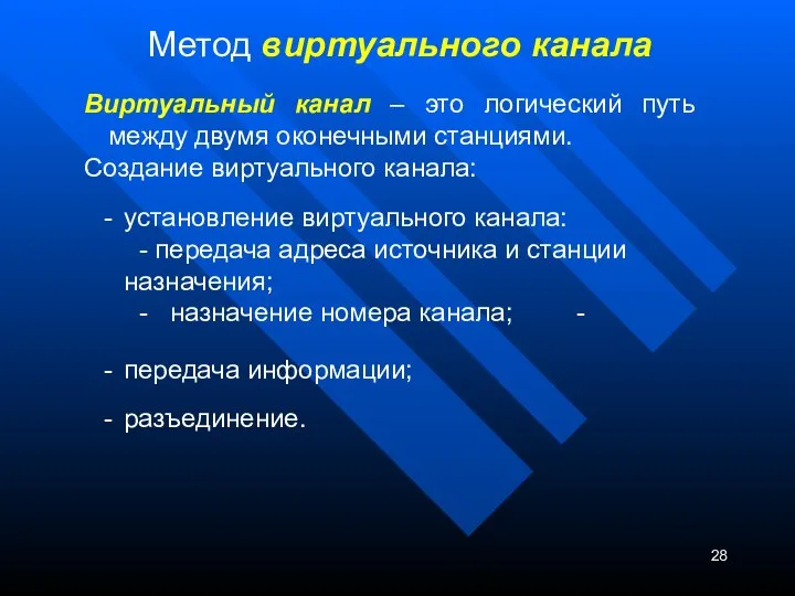 Метод виртуального канала Виртуальный канал – это логический путь между двумя