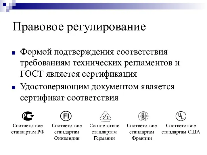 Правовое регулирование Формой подтверждения соответствия требованиям технических регламентов и ГОСТ является