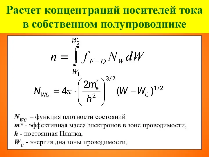 Расчет концентраций носителей тока в собственном полупроводнике NWC – функция плотности