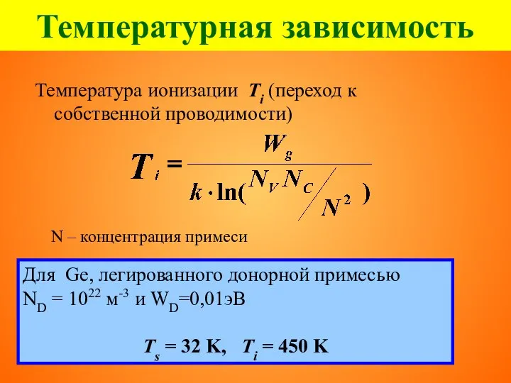 Температурная зависимость Температура ионизации Тi (переход к собственной проводимости) N –