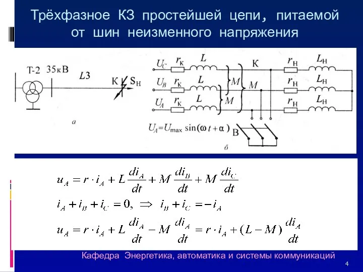 Трёхфазное КЗ простейшей цепи, питаемой от шин неизменного напряжения Кафедра Энергетика, автоматика и системы коммуникаций