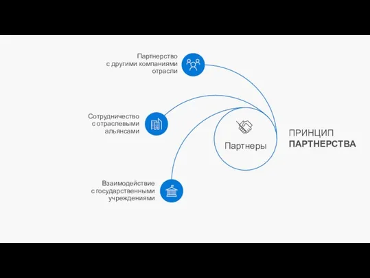 ПРИНЦИП ПАРТНЕРСТВА Партнерство с другими компаниями отрасли Сотрудничество с отраслевыми альянсами Взаимодействие с государственными учреждениями Партнеры