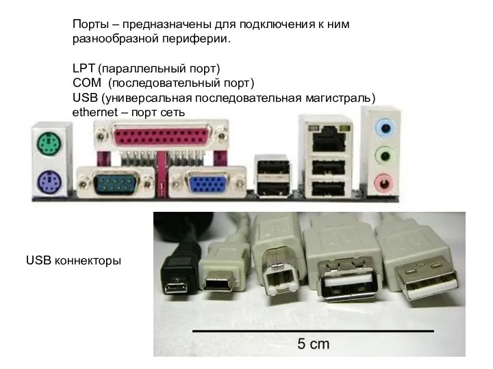 Порты – предназначены для подключения к ним разнообразной периферии. LPT (параллельный