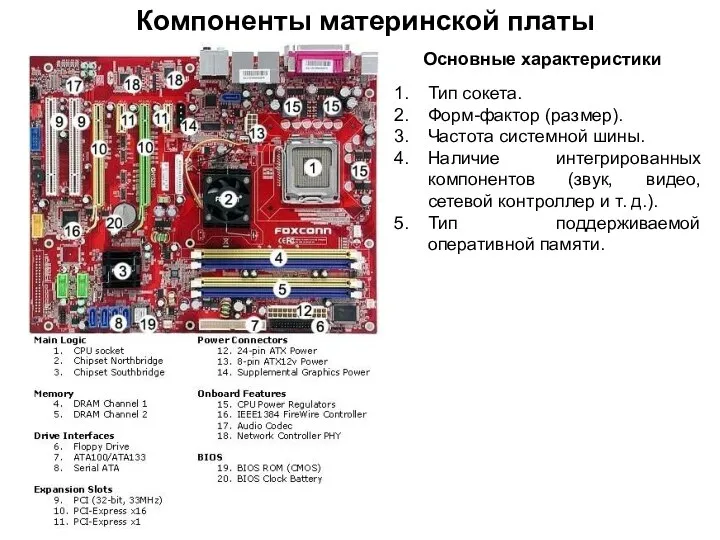 Компоненты материнской платы Основные характеристики Тип сокета. Форм-фактор (размер). Частота системной